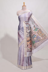 kalamakri semi tussar sareewith floral creeper prints zari border and kalamkari peacock motif print pallu