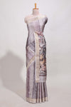 kalamakri arttussar sareewith floral creeper prints zari border and kalamkari peacock motif print pallu