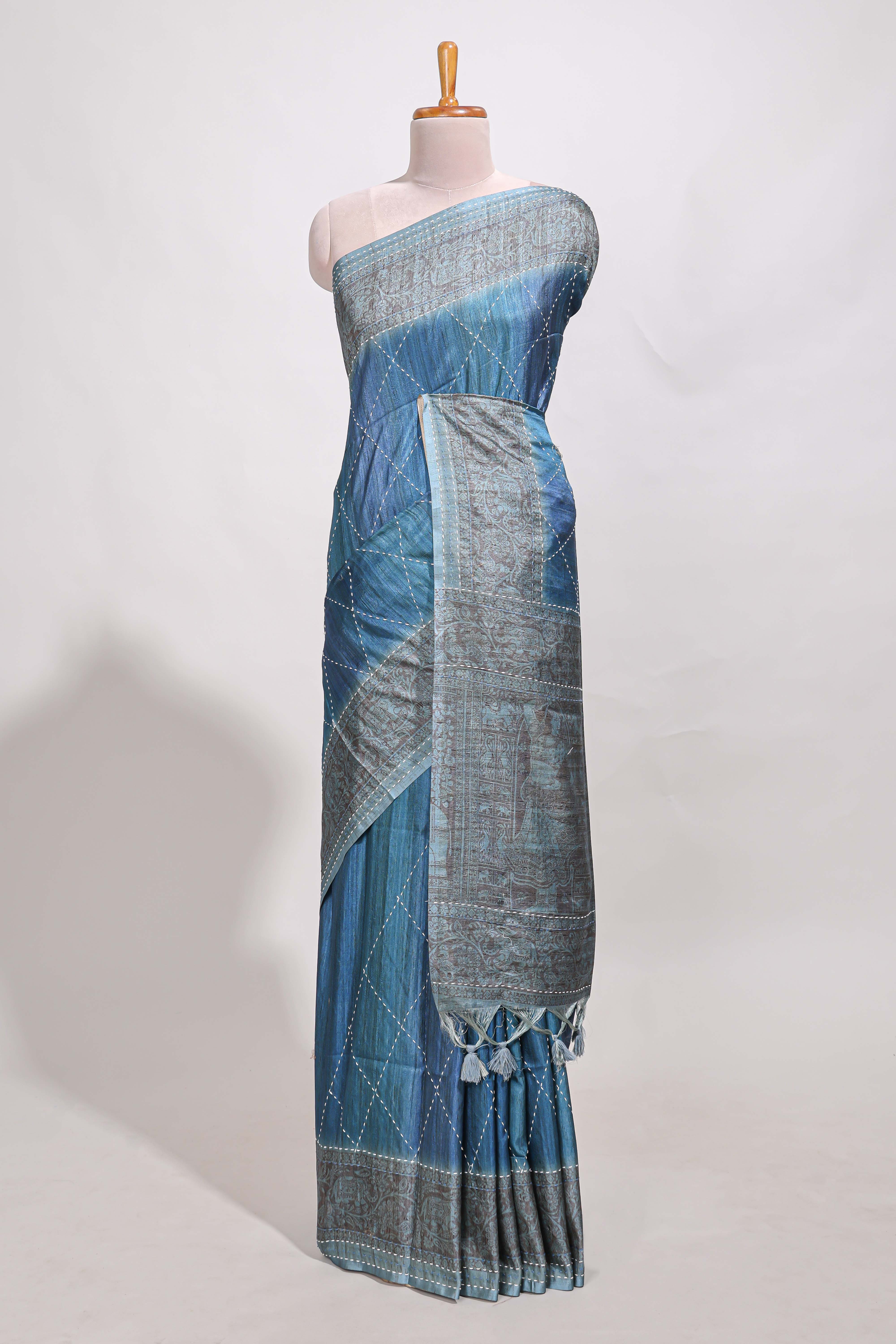 Ocean bluie semi tussar saree all over thread work and intricate floral border and pallu with contrast blouse