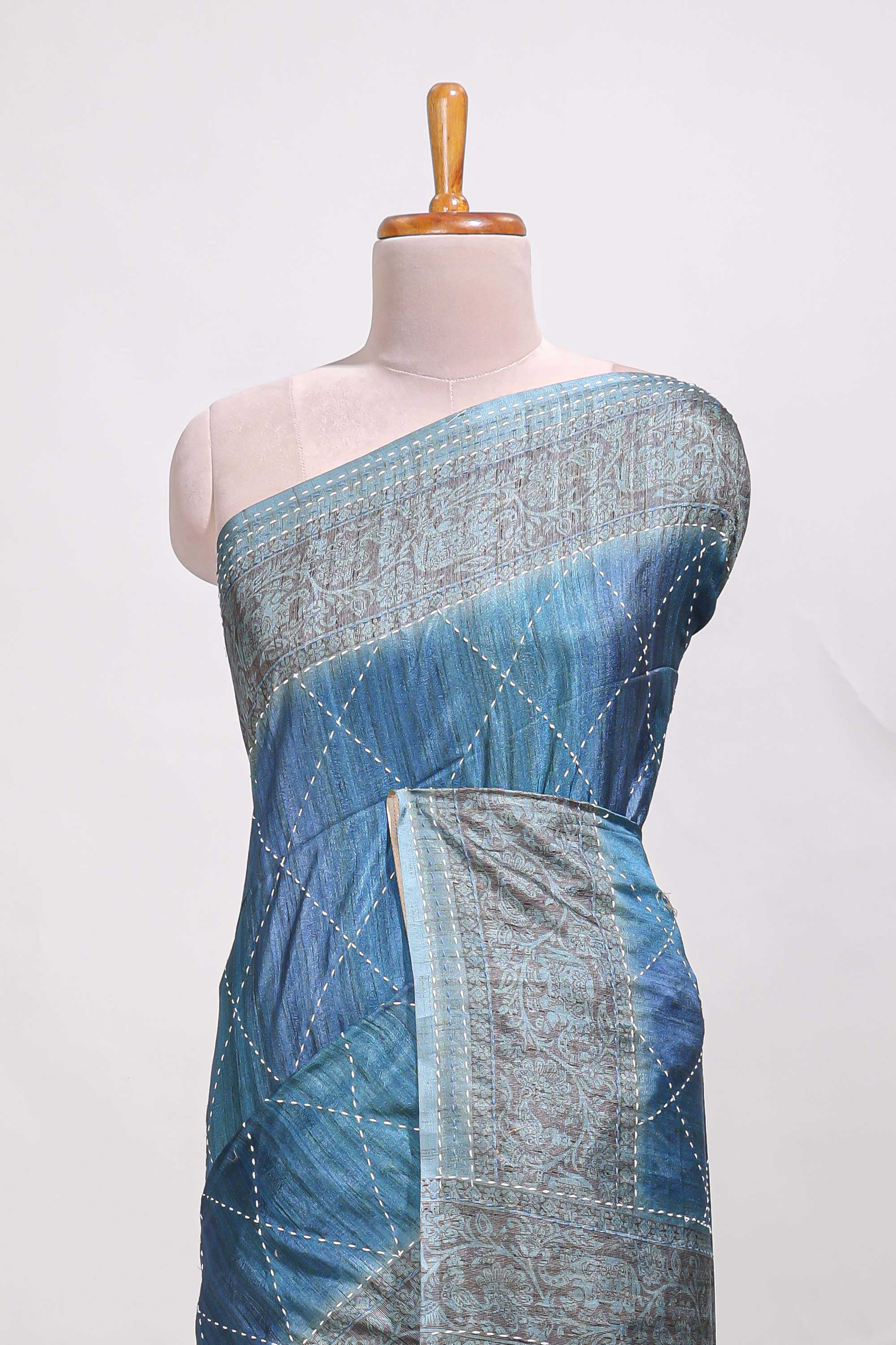 Ocean bluie semi tussar saree all over thread work and intricate floral border and pallu with contrast blouse