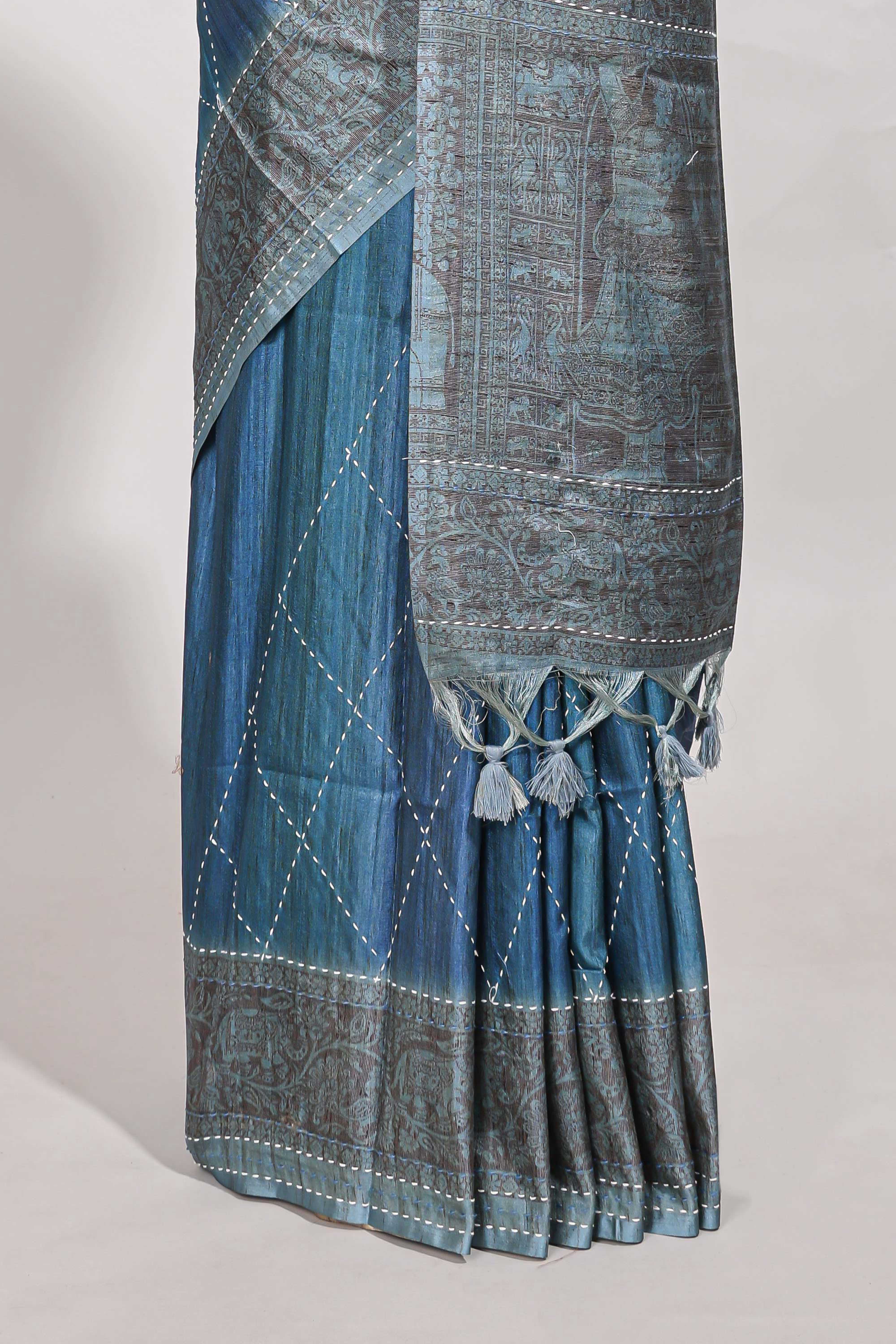 Ocean bluie semi tussar saree all over thread work and intricate floral border and pallu with contrast blouse