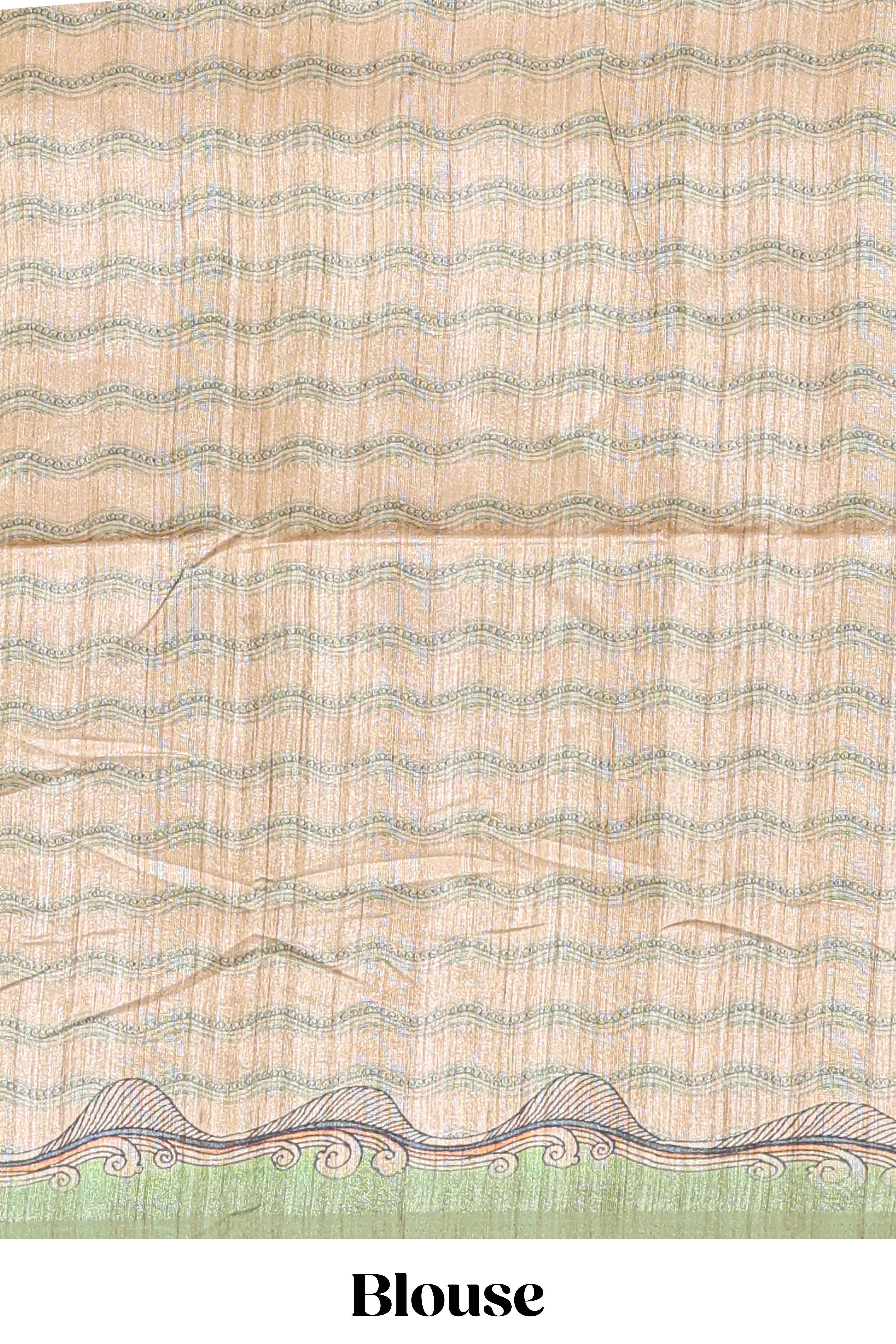 Beige colour semi tussar saree with contrast leafborder and nature art pallu with contrast blouse