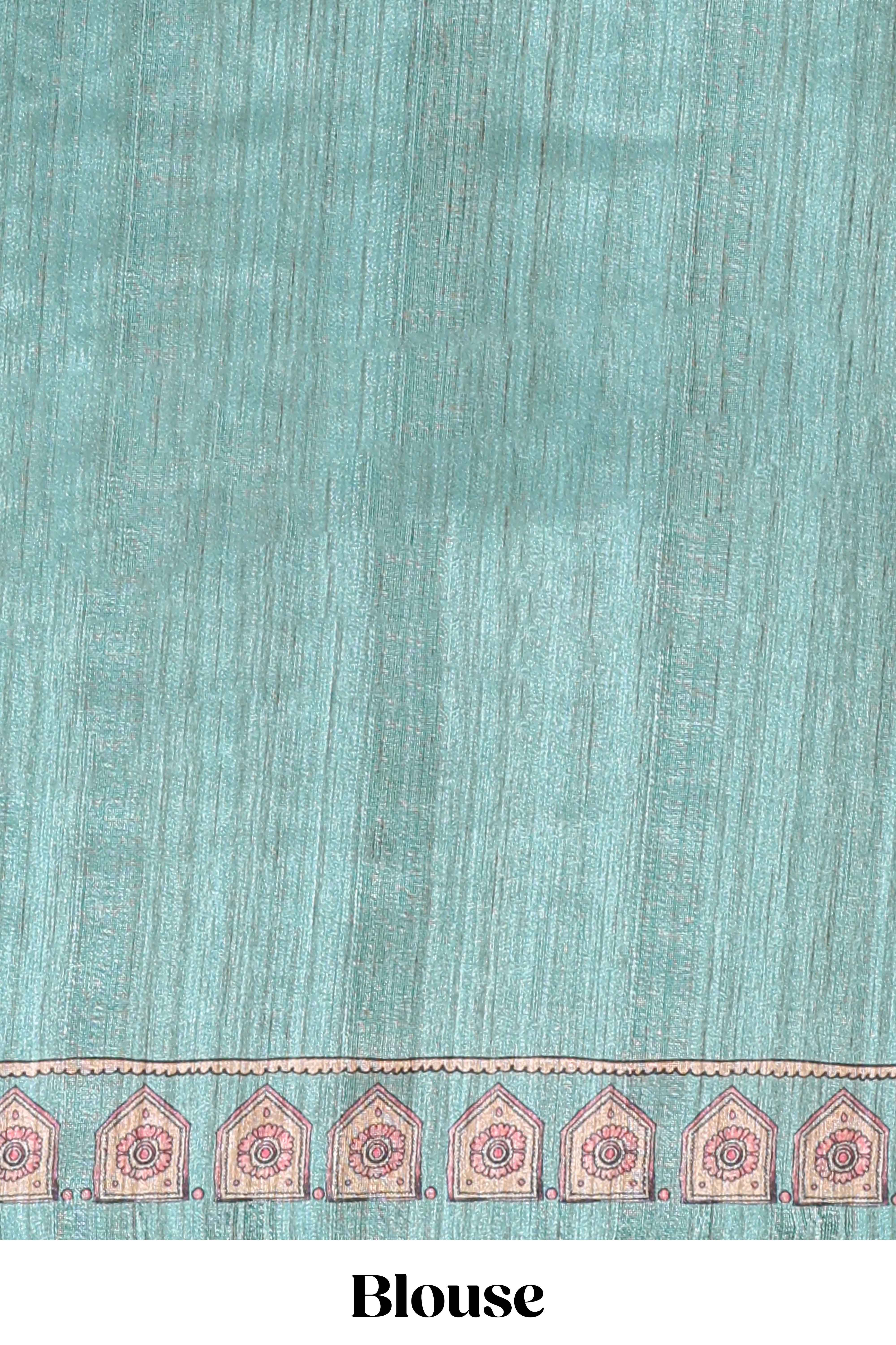 Cream colour semi tussar saree all over floral print with small contrast border and floral printed pallu with contrast blouse