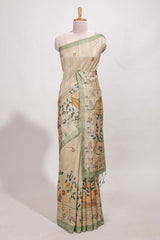 pastel green artistic village art tussar saree with small border and matching pallu