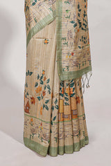 pastel green artistic village art tussar saree with small border and matching pallu