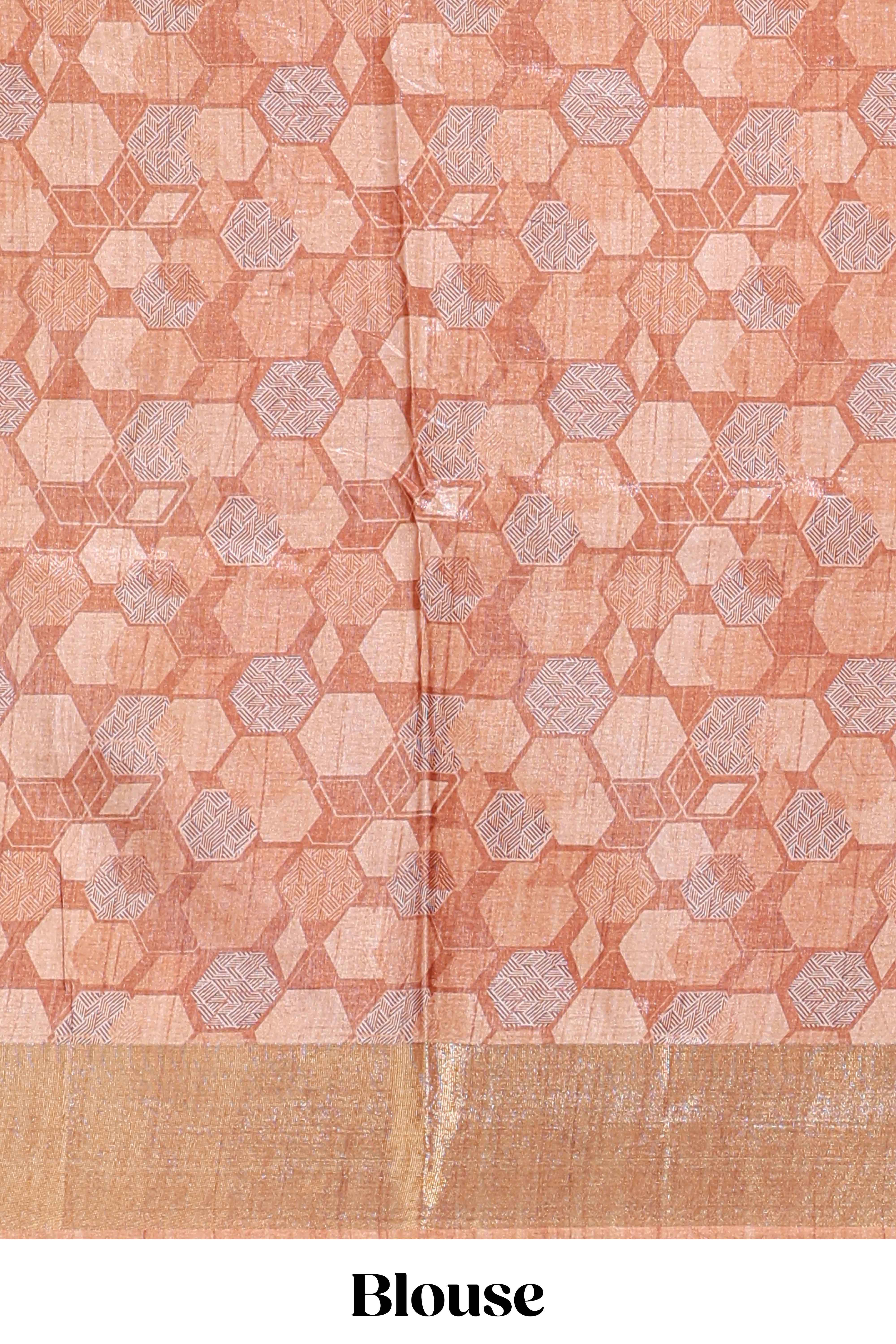 Grey geometrical tussar silk saree multi coloured honeycomb geomatricpatterns rich matching pallu along with tassles