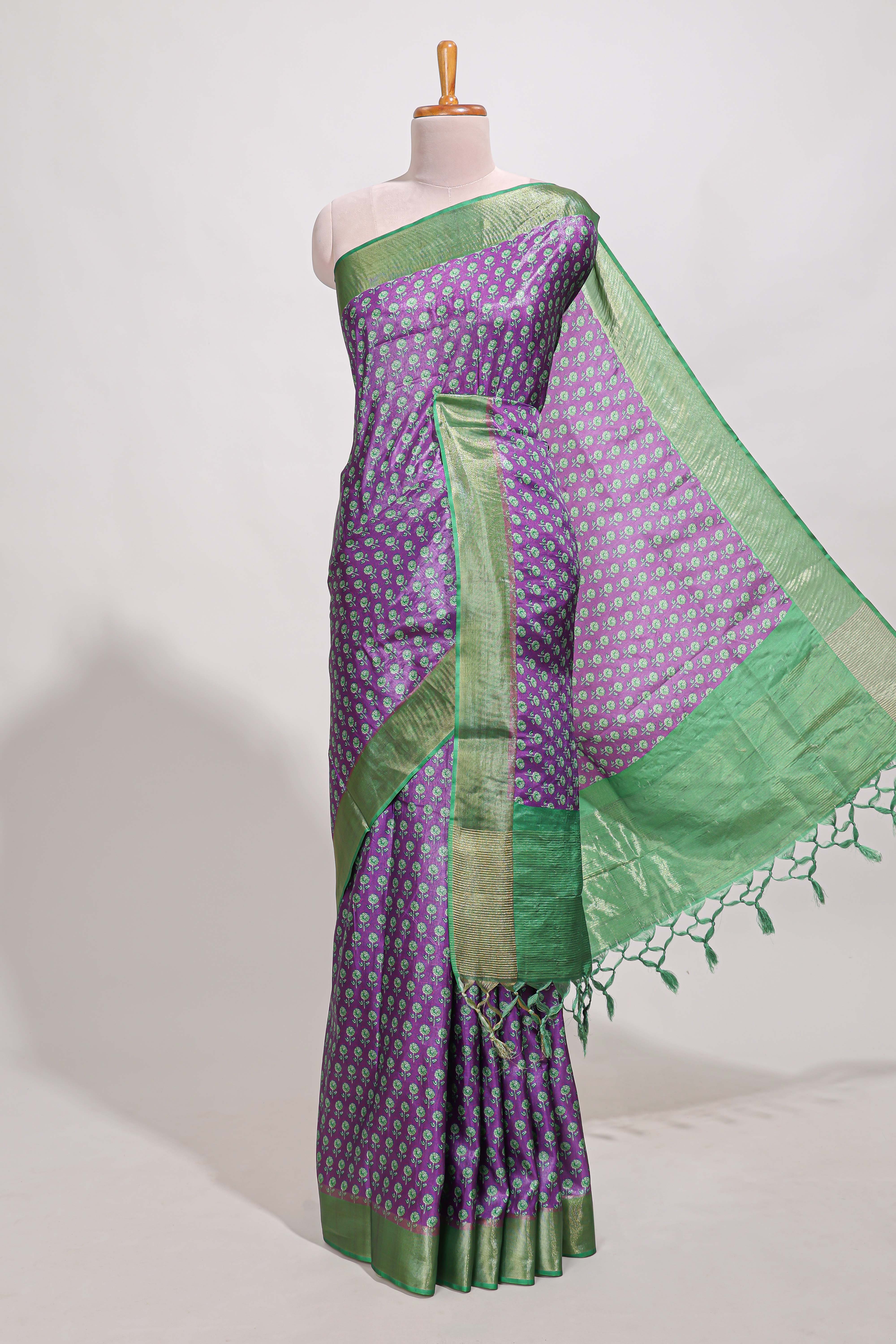 Violet semi tussar saree with contrast coper gold zari border and contrast blouse