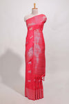 Bright pink semi tussar saree all over pichwai buttas and sliver zari pallu with self blouse