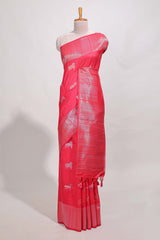 Bright pink semi tussar saree all over pichwai buttas and sliver zari pallu with self blouse
