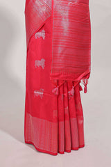 Bright pink semi tussar saree all over pichwai buttas and sliver zari pallu with self blouse