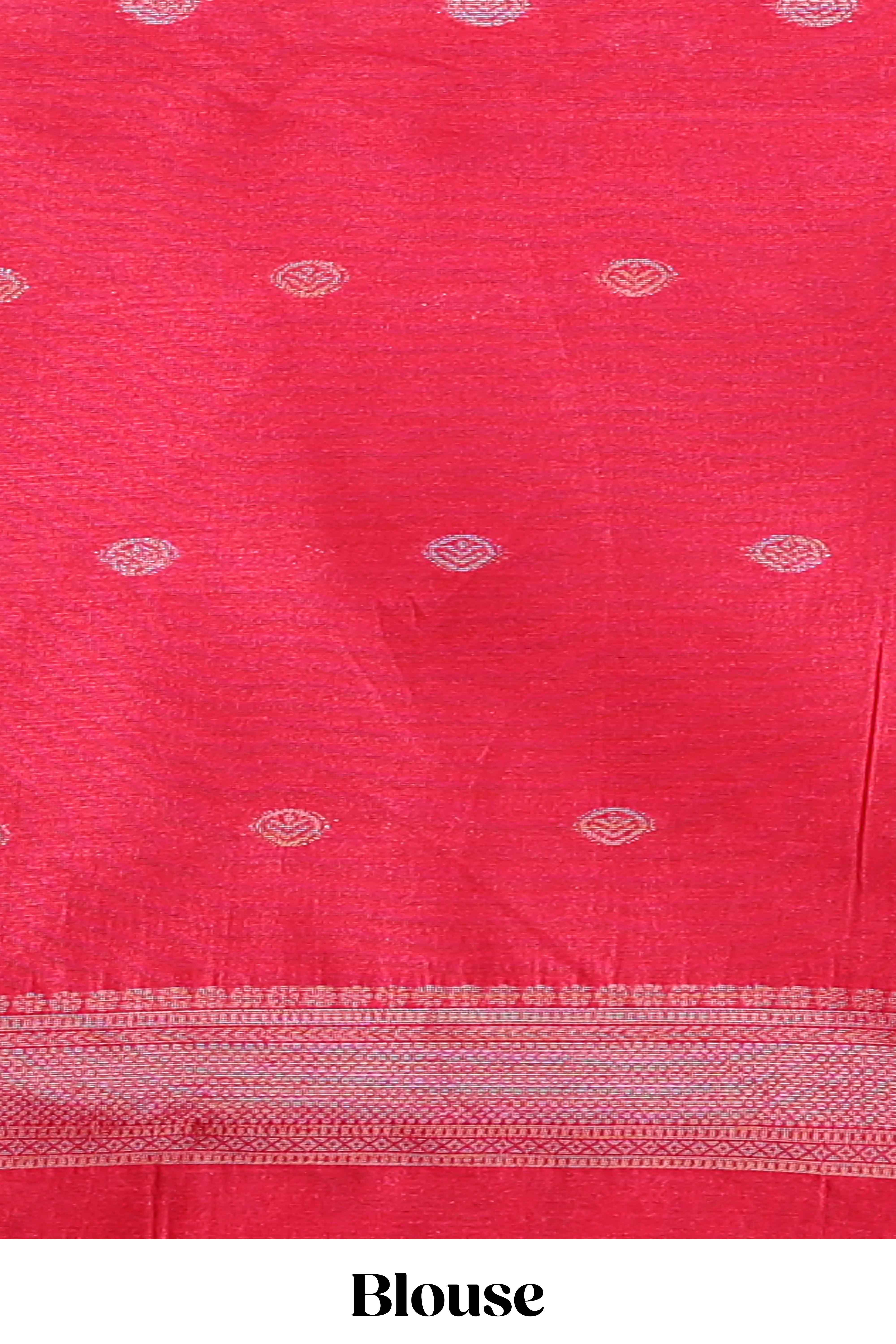 Bright pink semi tussar saree all over pichwai buttas and sliver zari pallu with self blouse