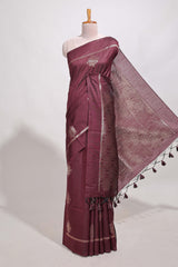 Dark maroon semi tussar saree all over pichwai buttas and sliver zari pallu with self blouse