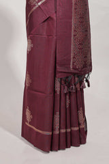 Dark maroon semi tussar saree all over pichwai buttas and sliver zari pallu with self blouse
