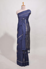 Navy blue semi tussar saree all over pichwai buttas and sliver zari pallu with self blouse