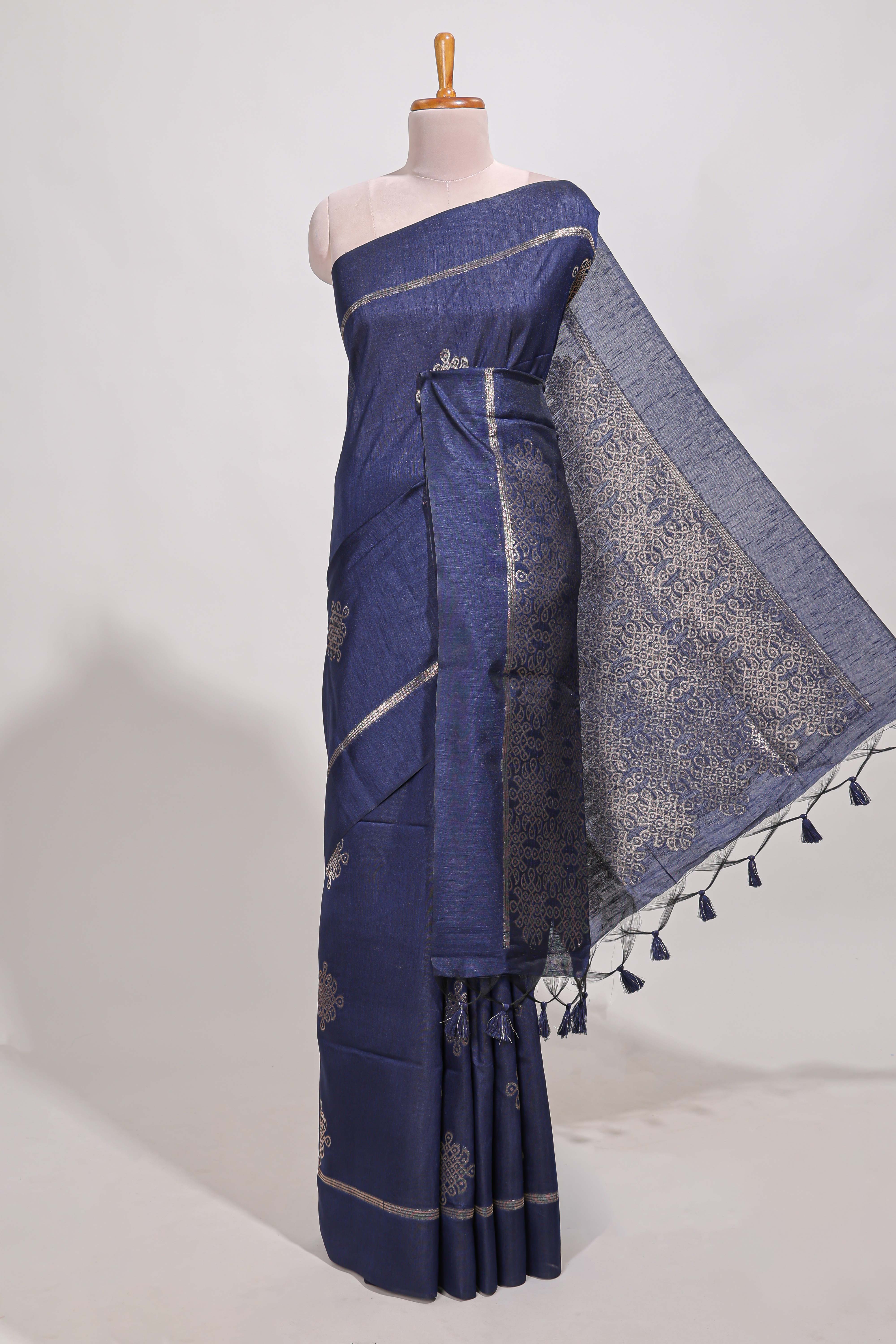 Navy blue semi tussar saree all over pichwai buttas and sliver zari pallu with self blouse