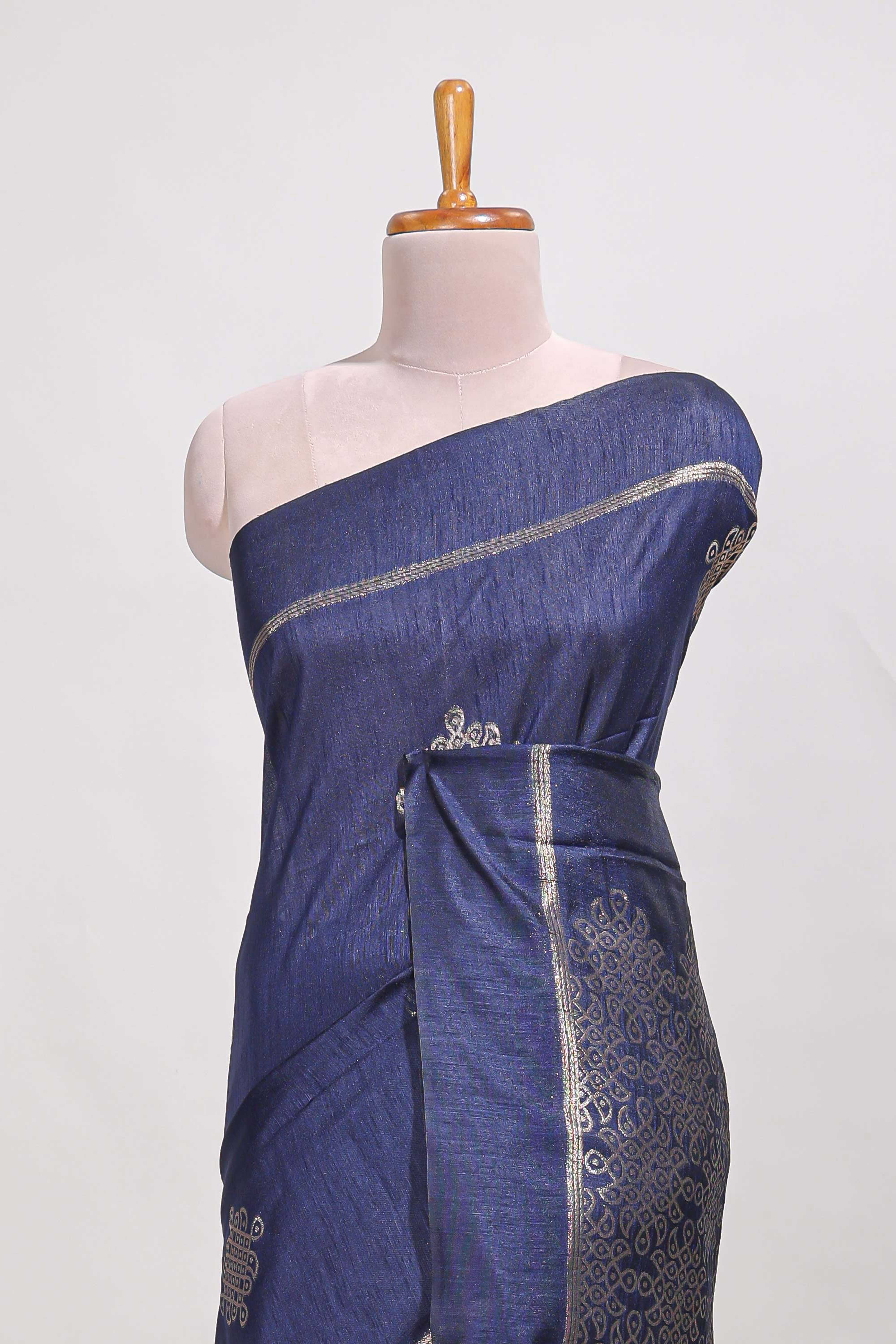 Navy blue semi tussar saree all over pichwai buttas and sliver zari pallu with self blouse