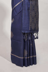 Navy blue semi tussar saree all over pichwai buttas and sliver zari pallu with self blouse