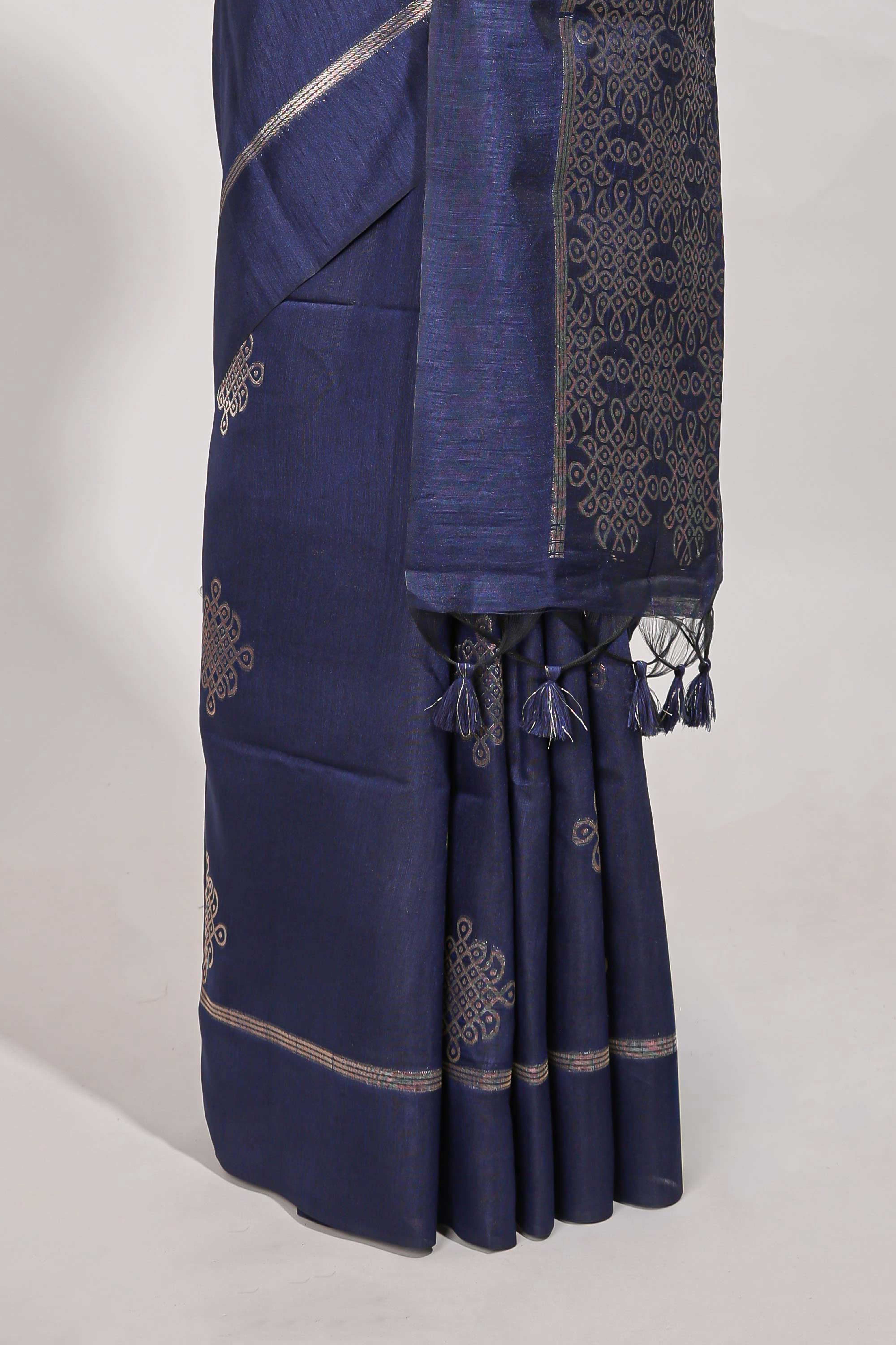 Navy blue semi tussar saree all over pichwai buttas and sliver zari pallu with self blouse