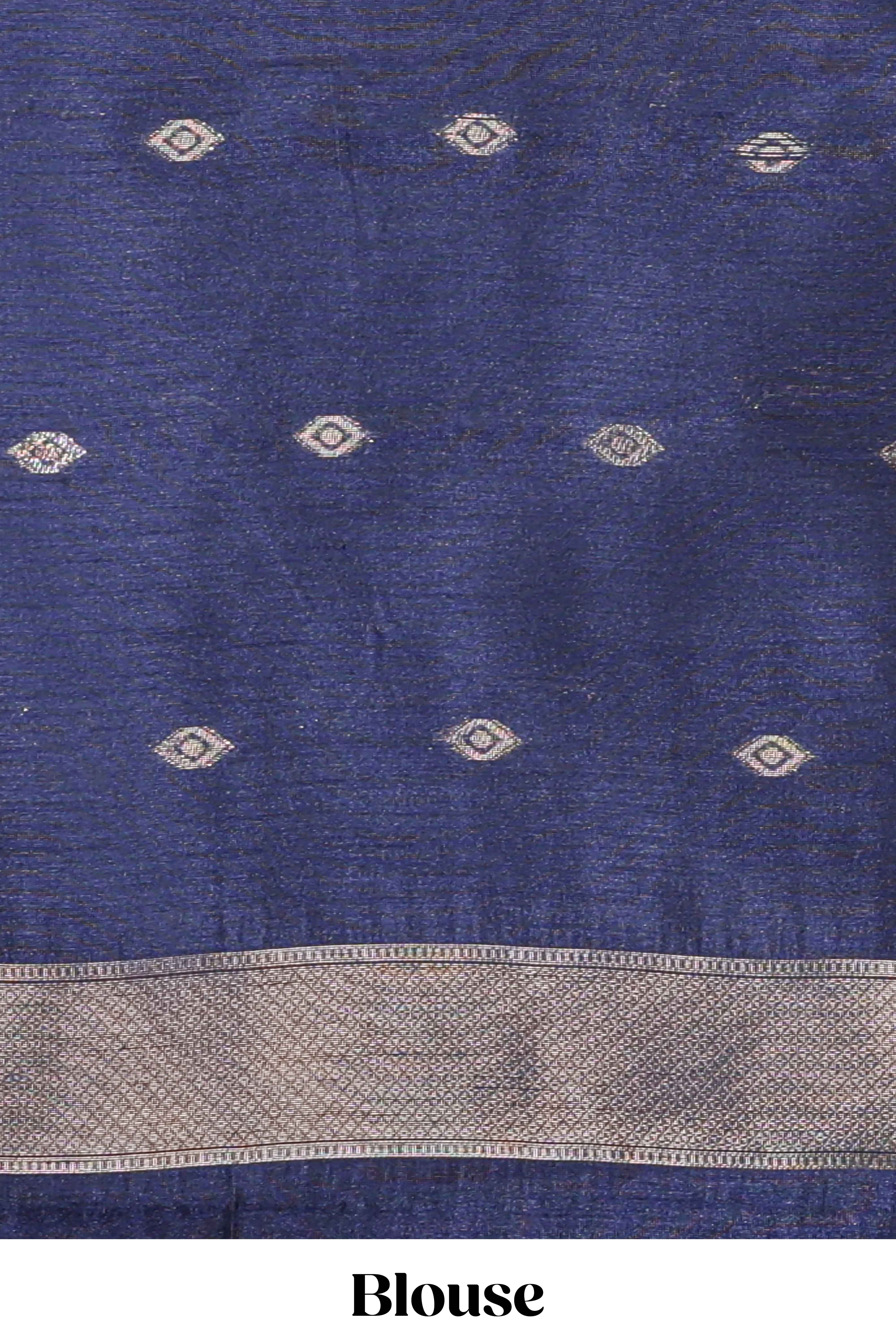 Navy blue semi tussar saree all over pichwai buttas and sliver zari pallu with self blouse