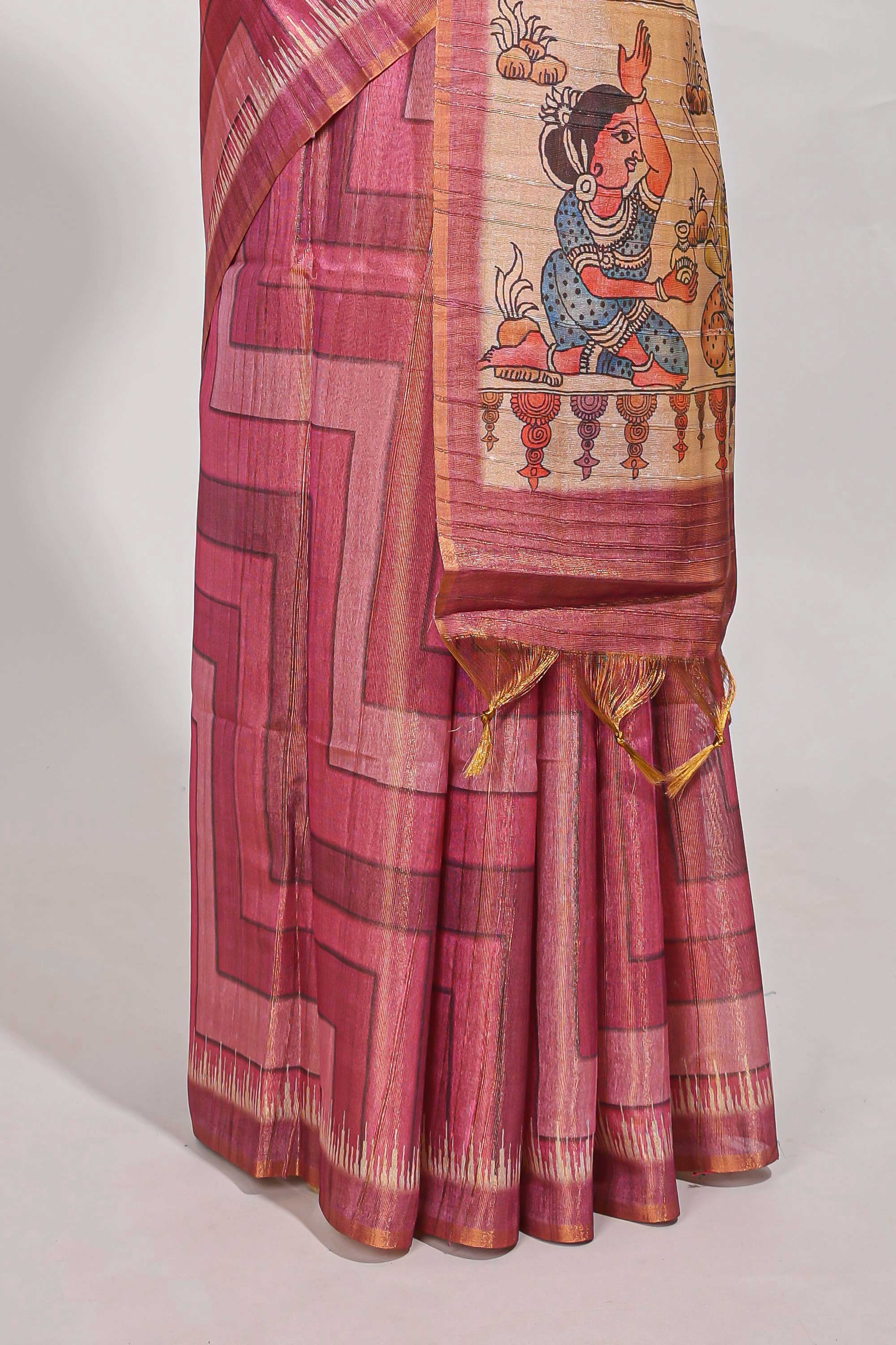 Magenta abstract print tussar saree with village and pichwai pallu and self print blouse along with tassels
