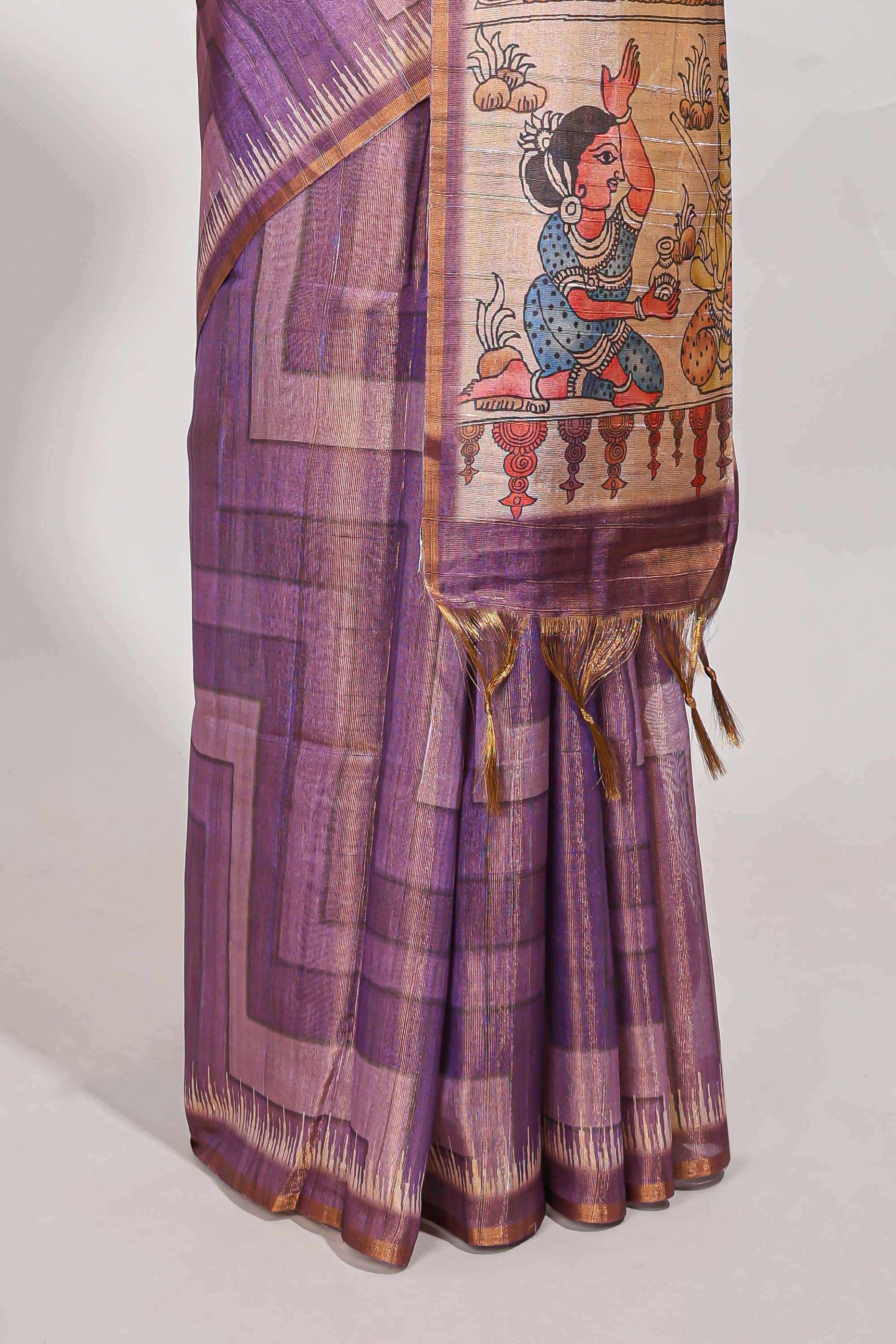 Violet abstract print tussar saree with village and pichwai pallu and self print blouse along with tassels
