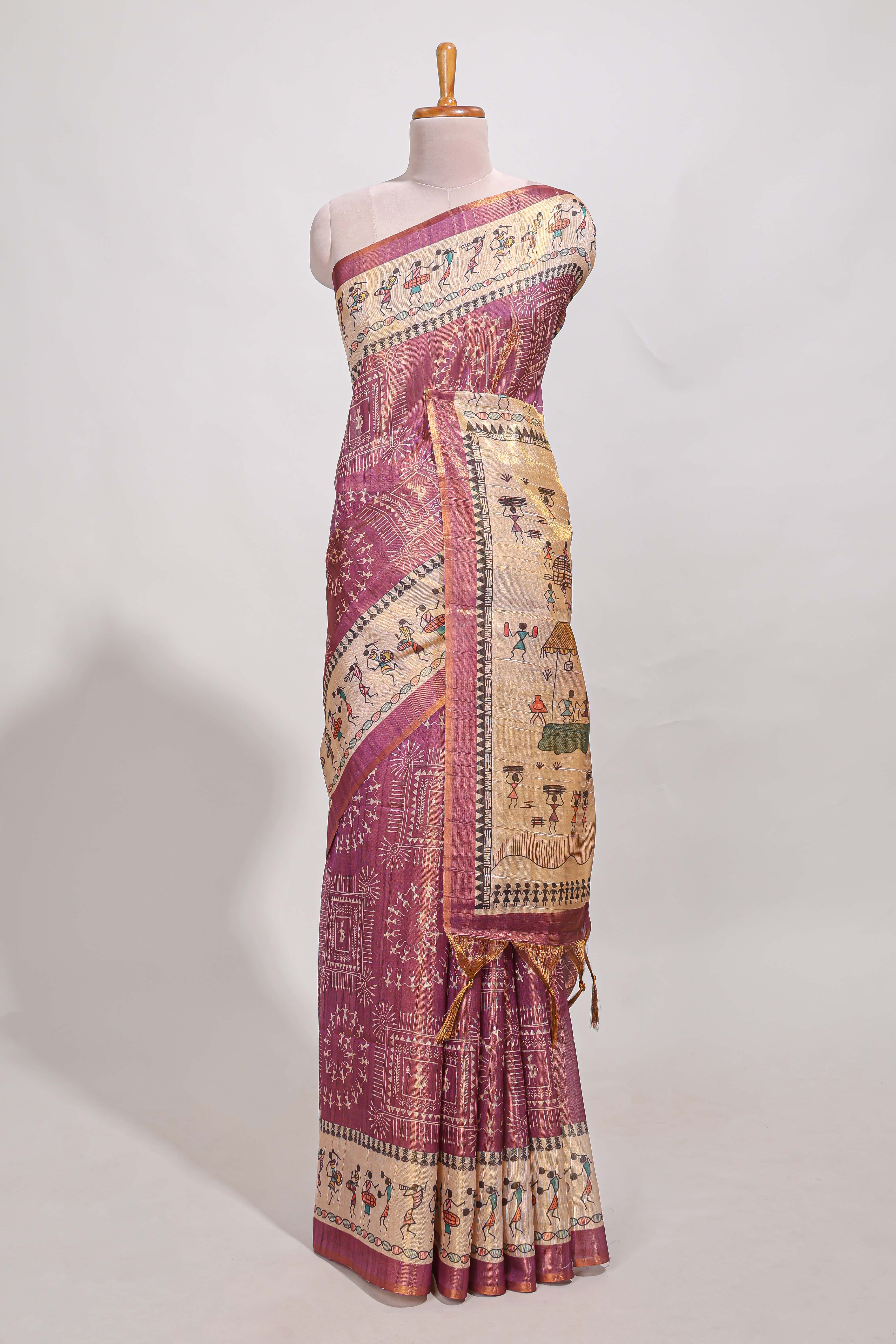 warli print tussar saree with self print blouse along with tassels