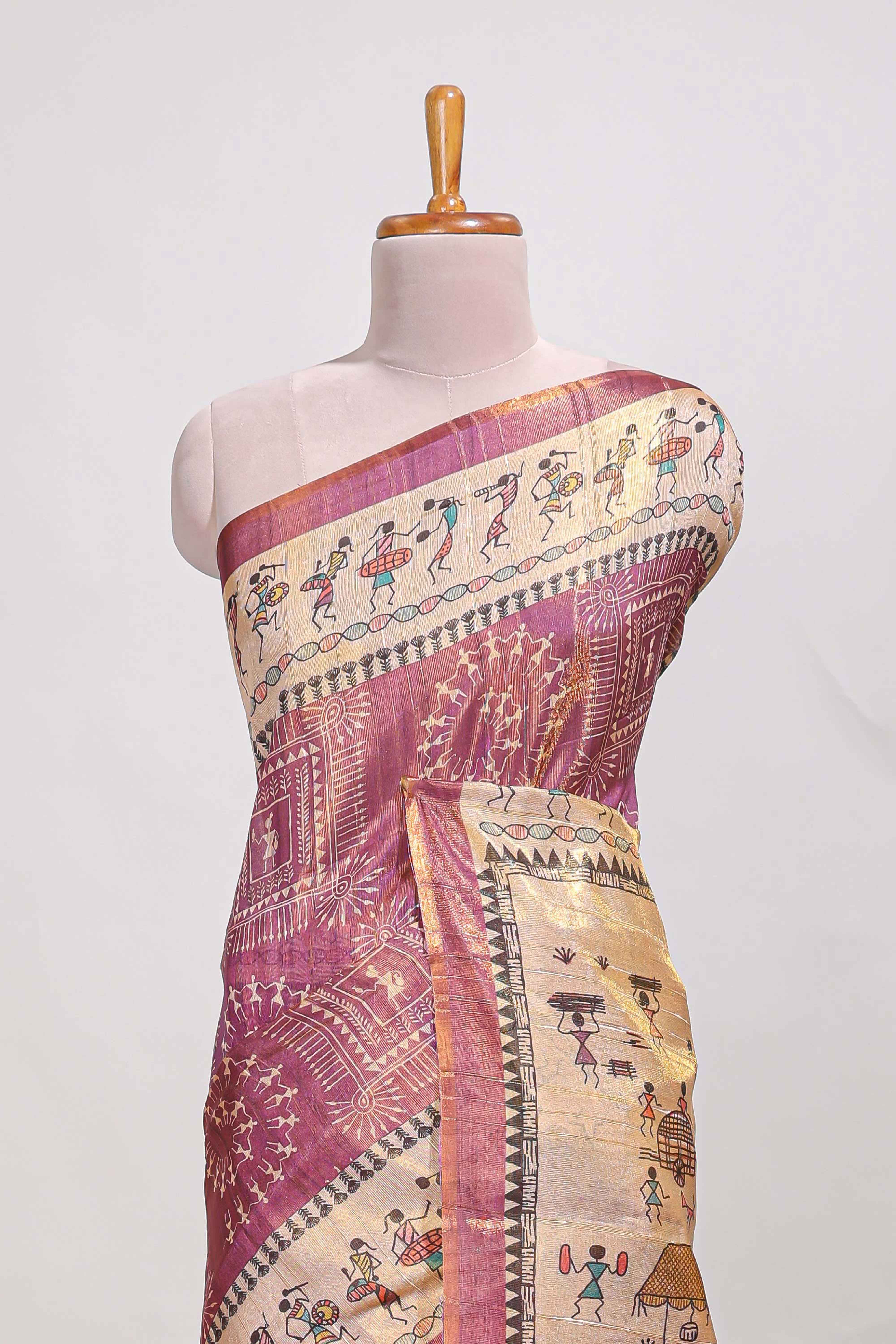 warli print tussar saree with self print blouse along with tassels