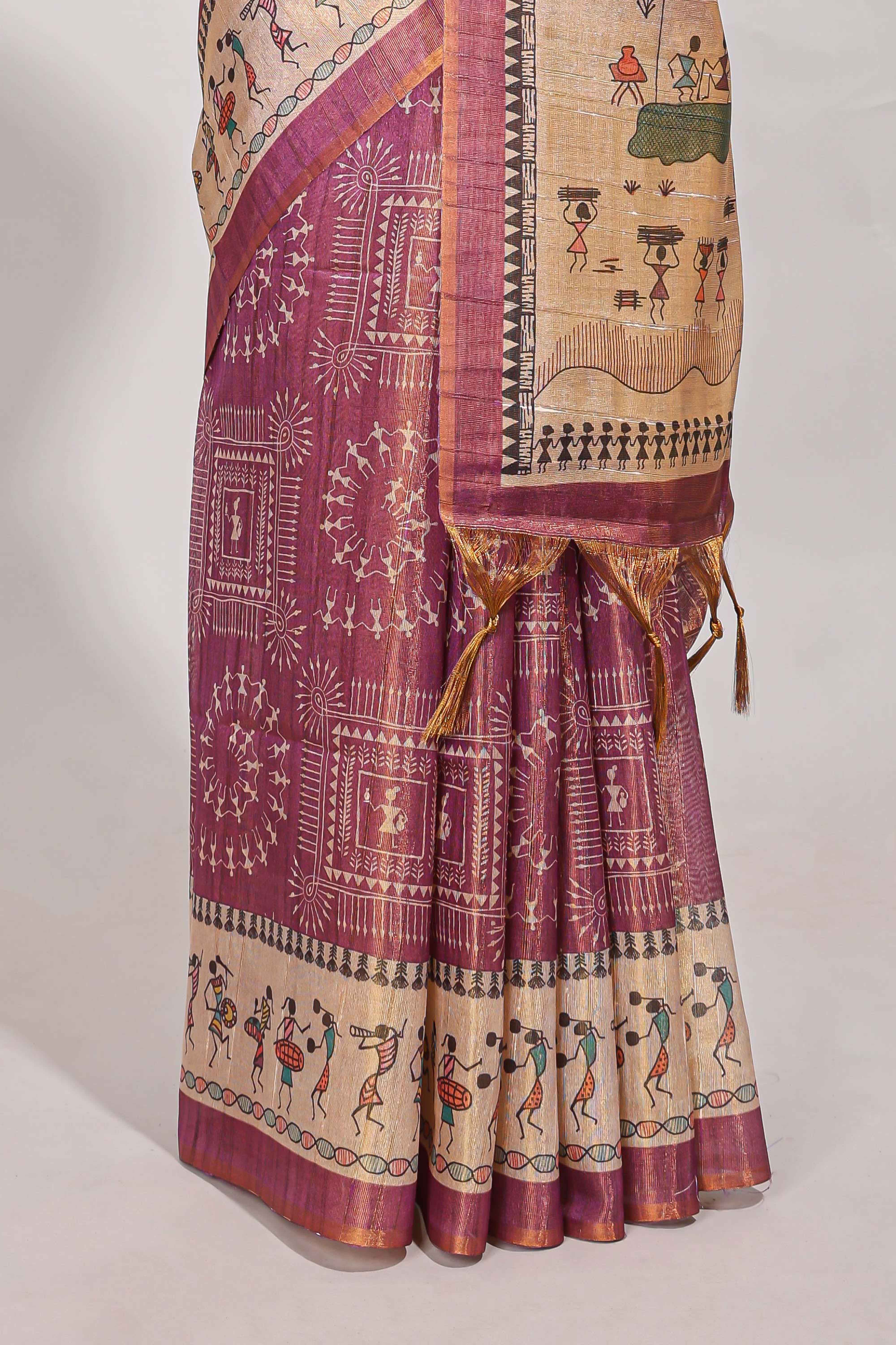 warli print tussar saree with self print blouse along with tassels