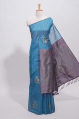 Borderless blue round butta art tussar saree with contrast pallu and blouse