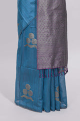 Borderless blue round butta art tussar saree with contrast pallu and blouse