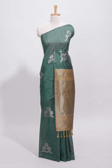 Borderless green round butta art tussar saree with contrast pallu and blouse