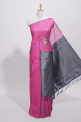 Borderless pink round butta art tussar saree with contrast pallu and blouse