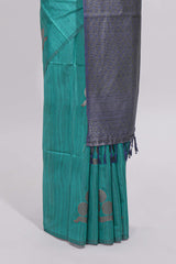 Borderless peacock green round butta art tussar saree with contrast pallu and blouse