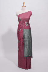 Borderless maroon round butta art tussar saree with contrast pallu and blouse