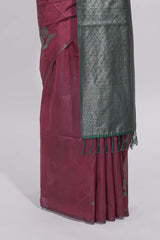 Borderless maroon round butta art tussar saree with contrast pallu and blouse