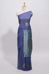 Borderless blue round butta art tussar saree with contrast pallu and blouse