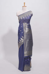 Blue ikkat style silver zari butta art tussar saree with self zari temple design border and matching blouse