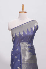 Blue ikkat style silver zari butta art tussar saree with self zari temple design border and matching blouse