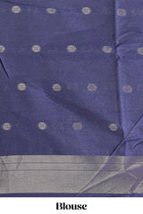 Blue ikkat style silver zari butta art tussar saree with self zari temple design border and matching blouse