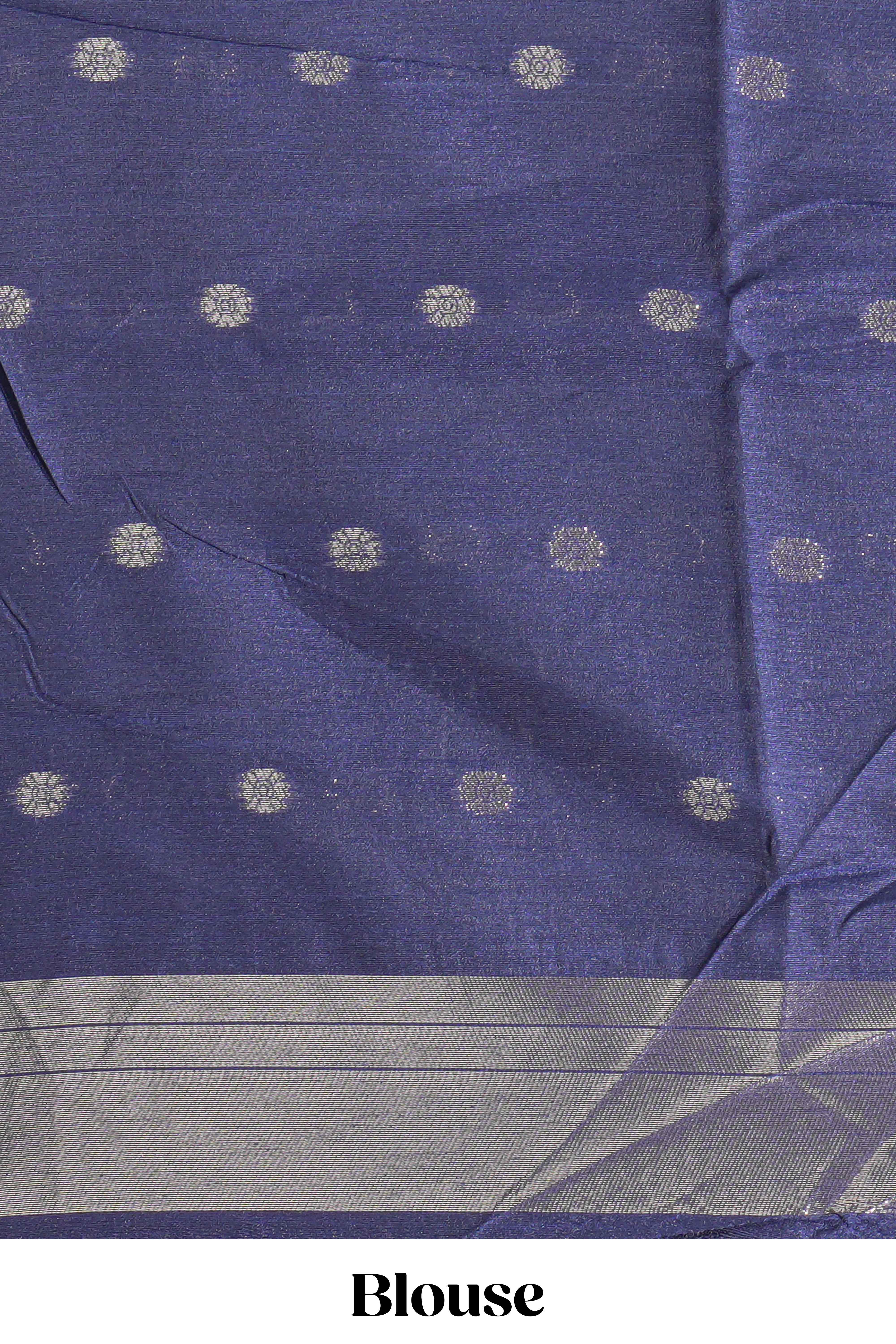 Blue ikkat style silver zari butta art tussar saree with self zari temple design border and matching blouse