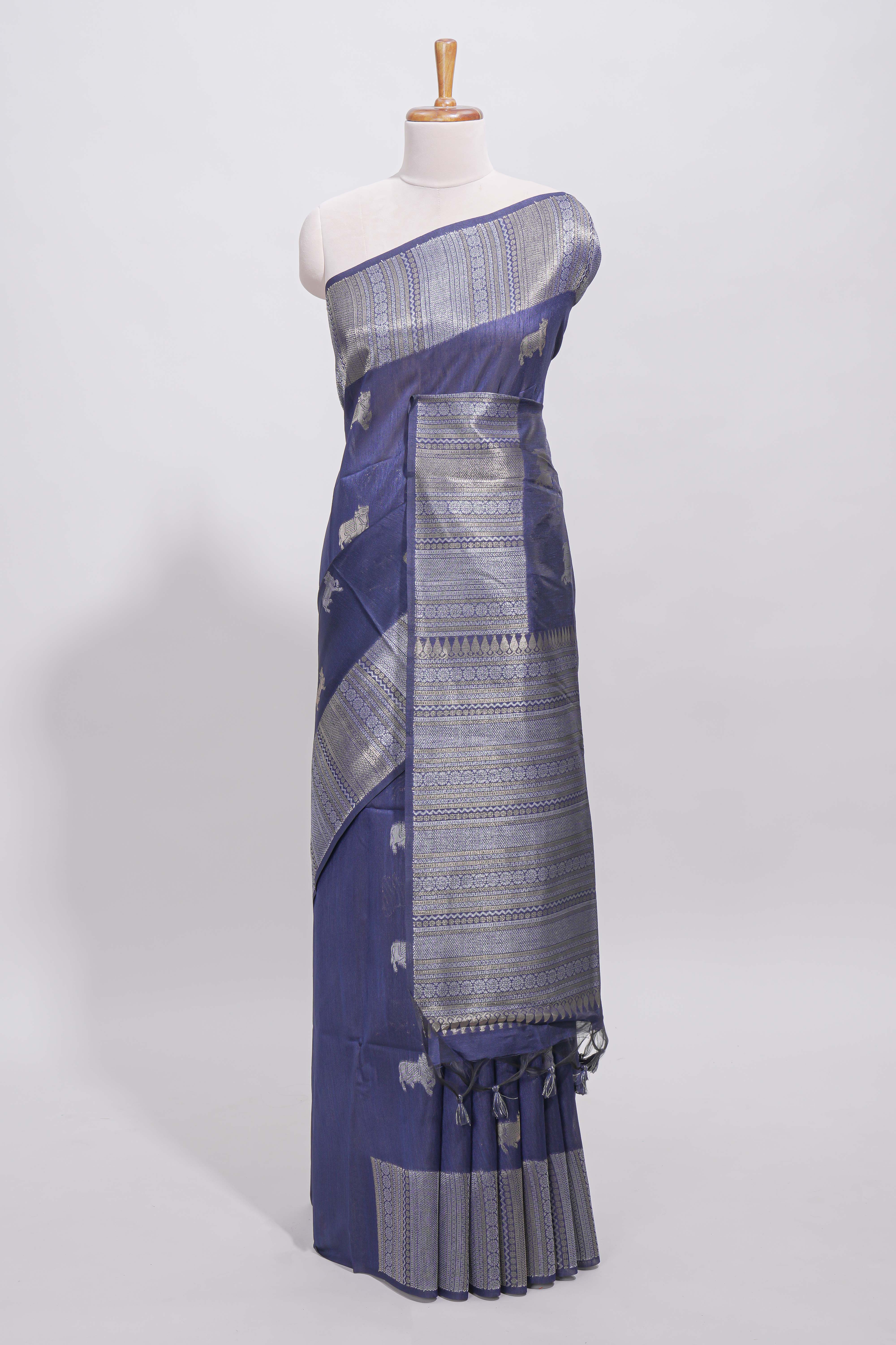 Blue cow silver zari butta art tussar saree with self zari border and matching blouse