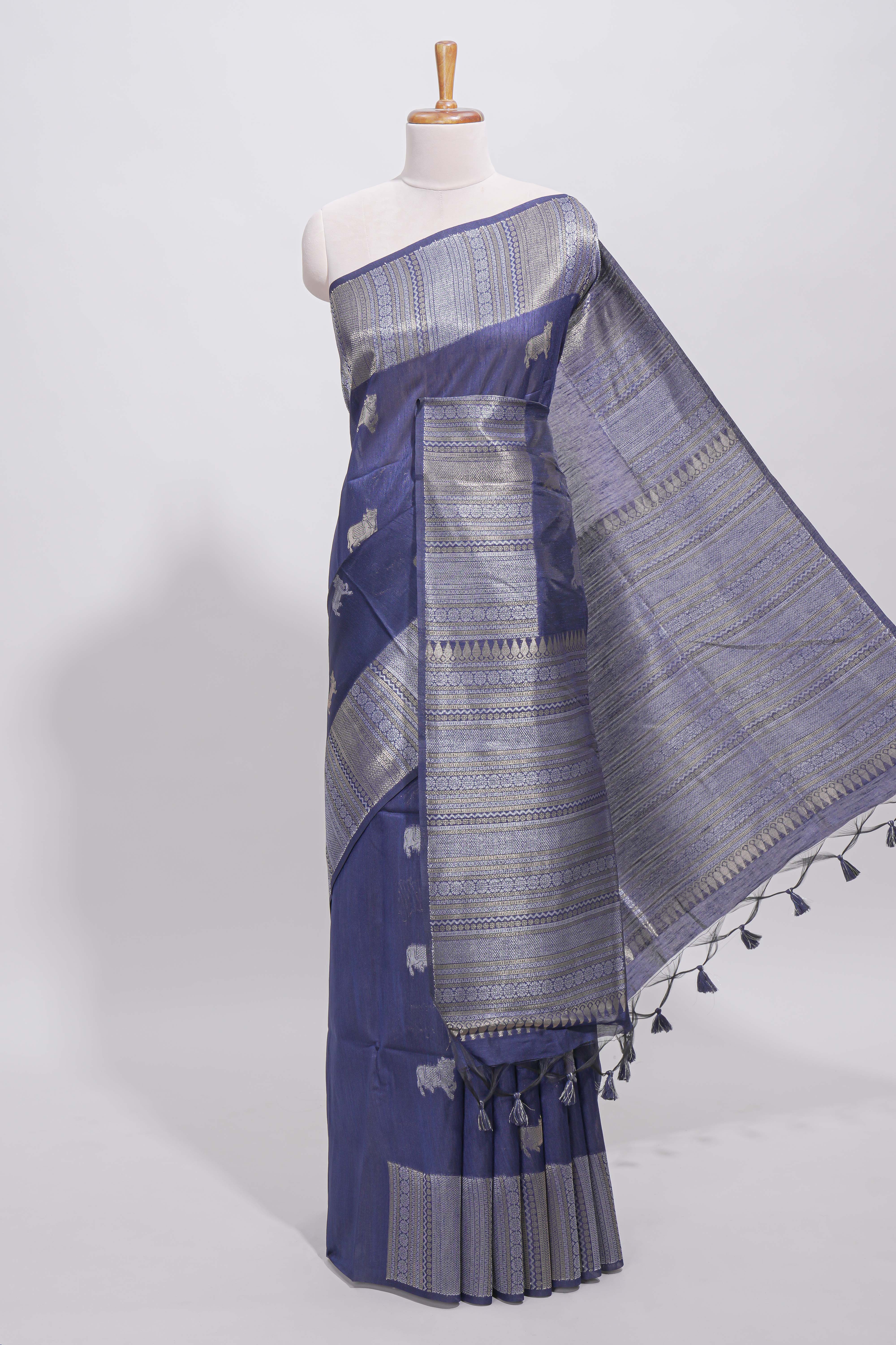Blue cow silver zari butta art tussar saree with self zari border and matching blouse