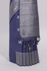 Blue cow silver zari butta art tussar saree with self zari border and matching blouse