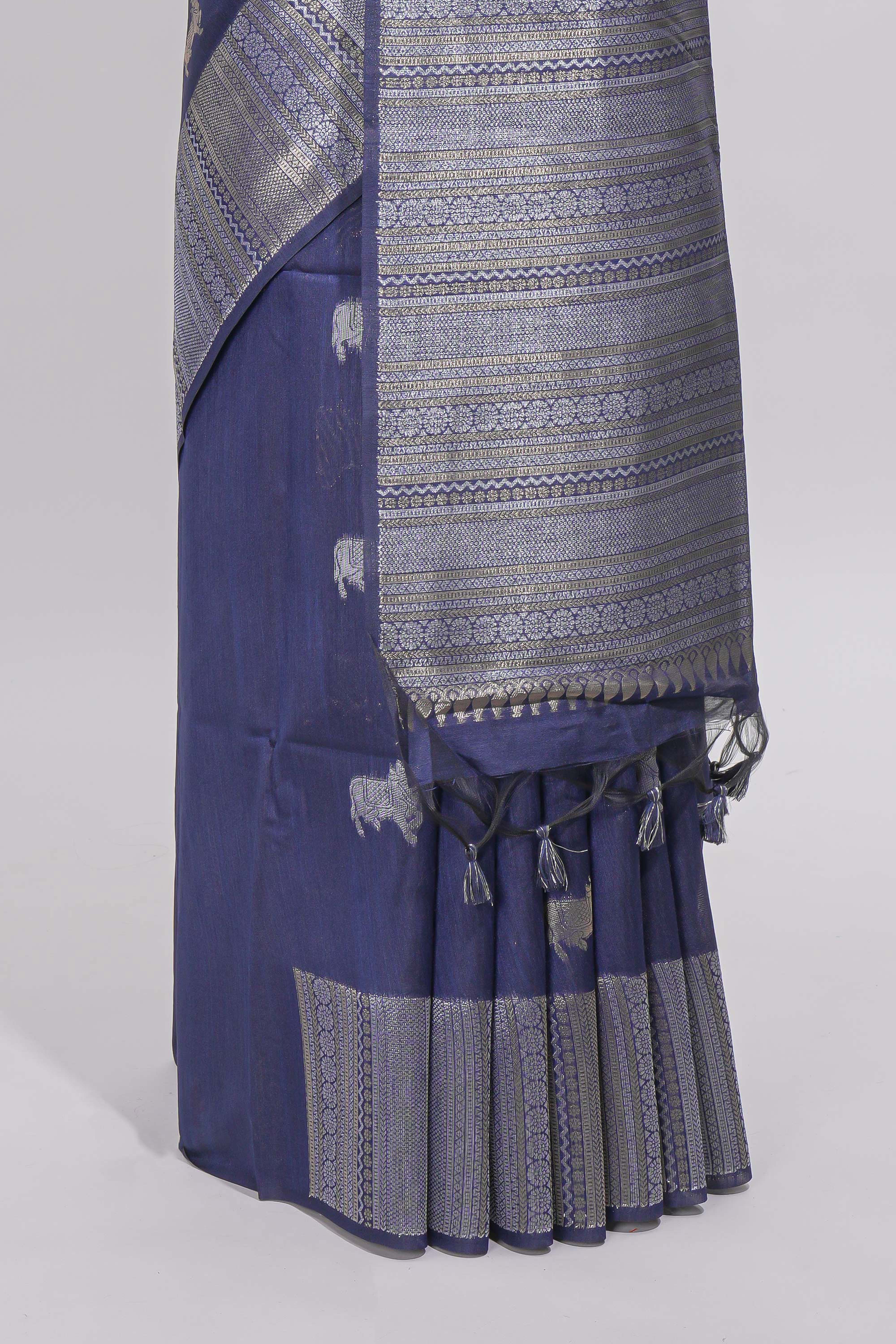 Blue cow silver zari butta art tussar saree with self zari border and matching blouse