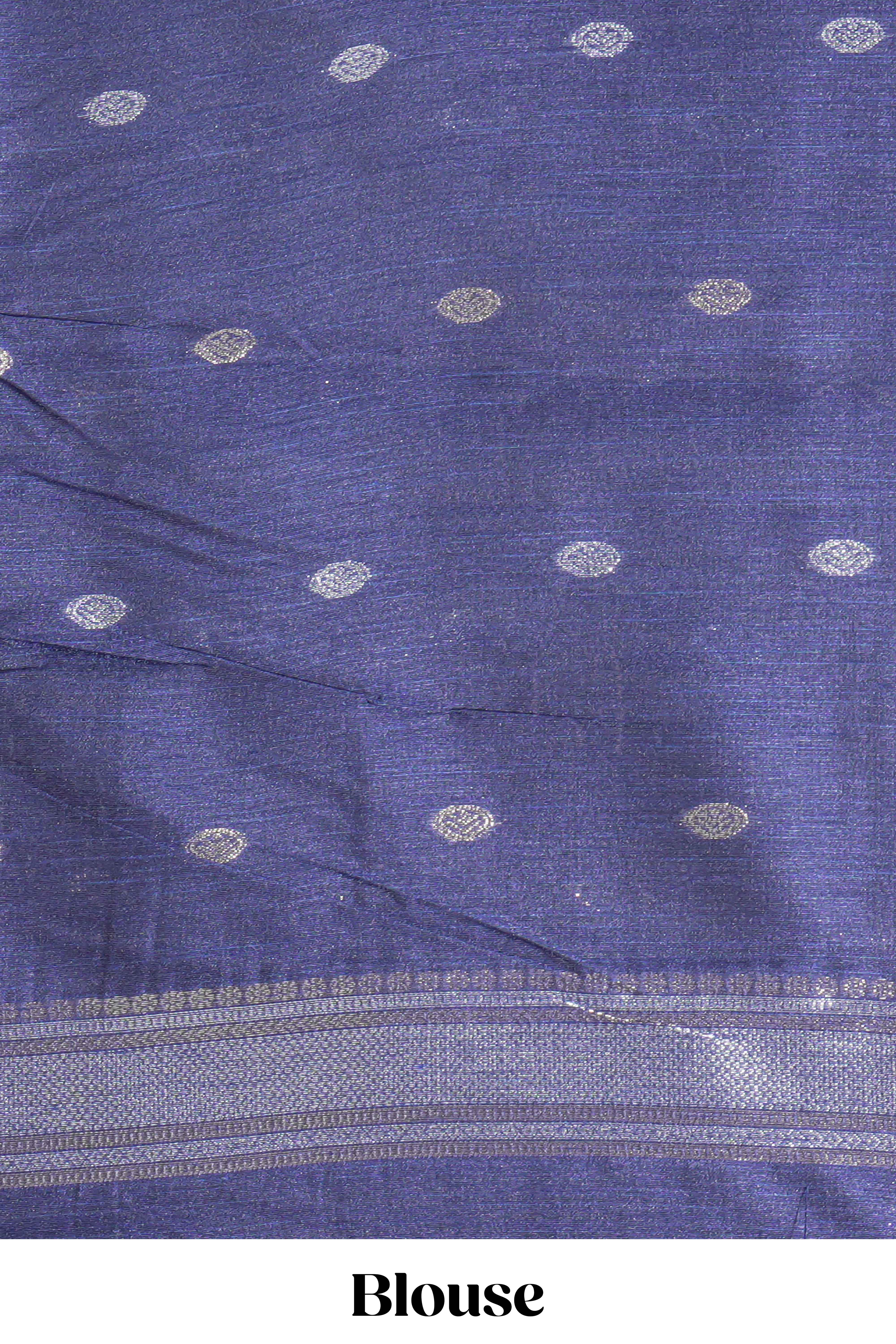 Blue cow silver zari butta art tussar saree with self zari border and matching blouse