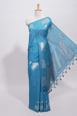 Borderless blue cow design silver zari butta art tussar saree with matching blouse