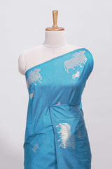 Borderless blue cow design silver zari butta art tussar saree with matching blouse
