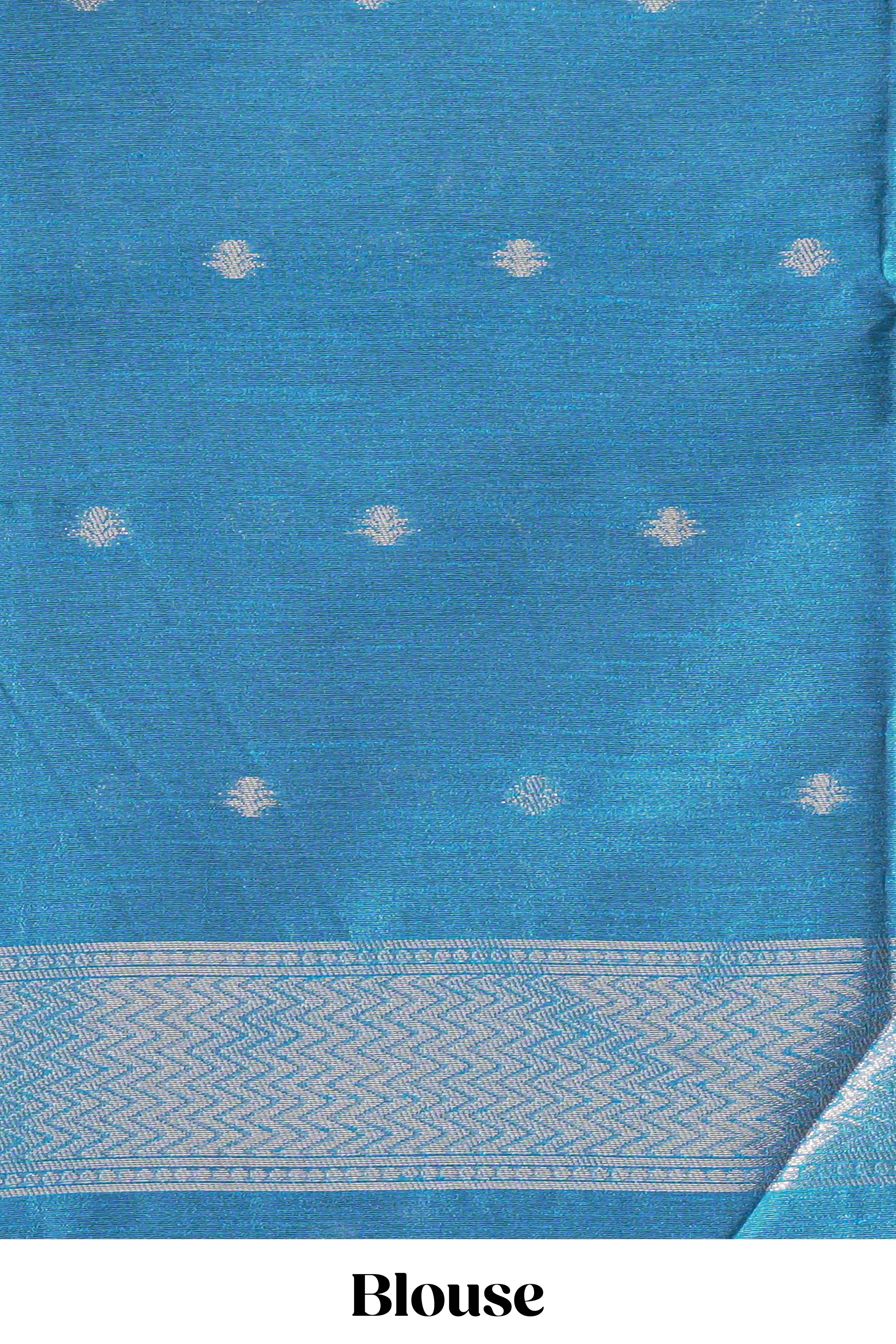 Borderless blue cow design silver zari butta art tussar saree with matching blouse