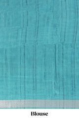 Teal blue tussar saree body chevron prints floral motifs and printed pallu along with matching blouse