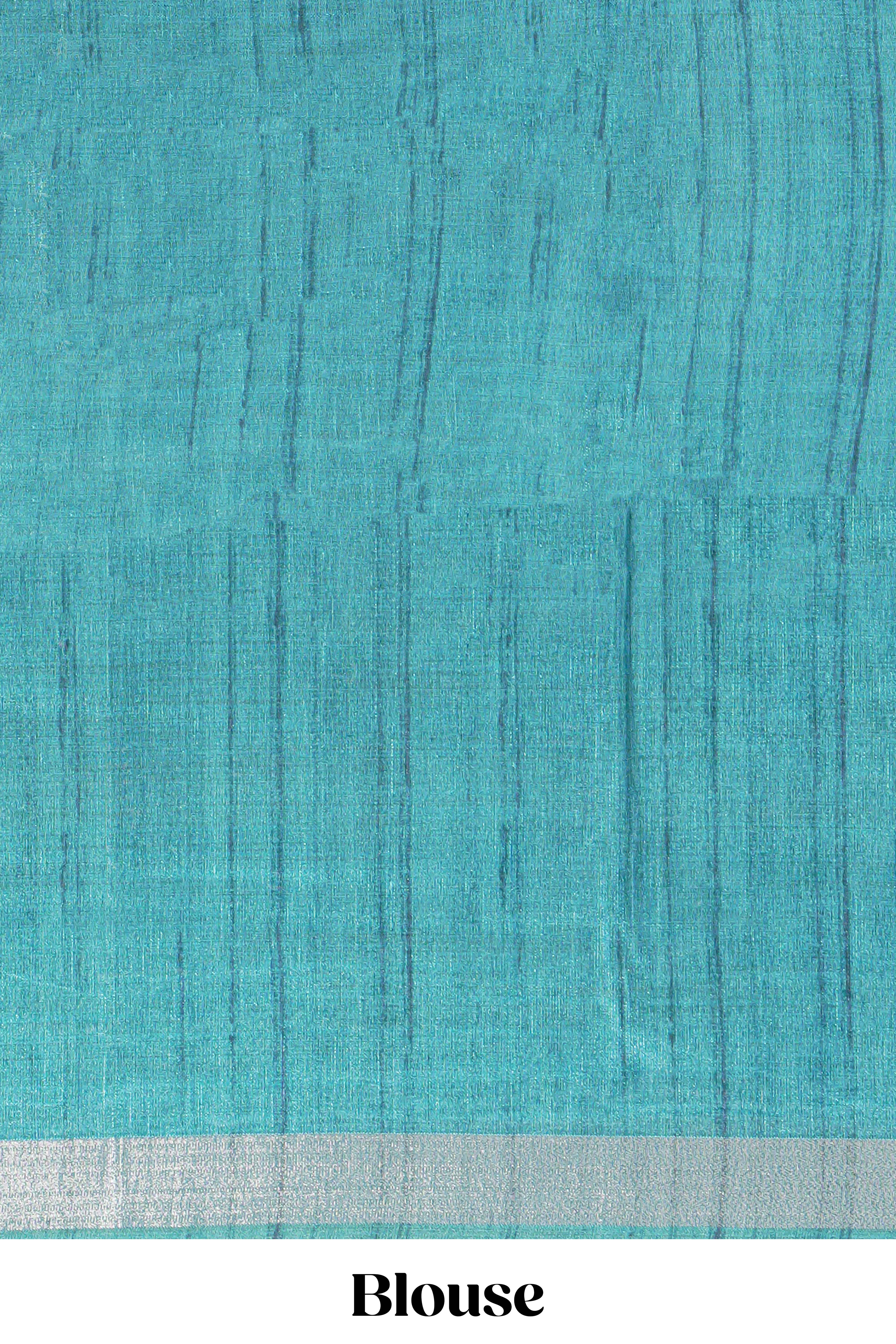 Teal blue tussar saree body chevron prints floral motifs and printed pallu along with matching blouse